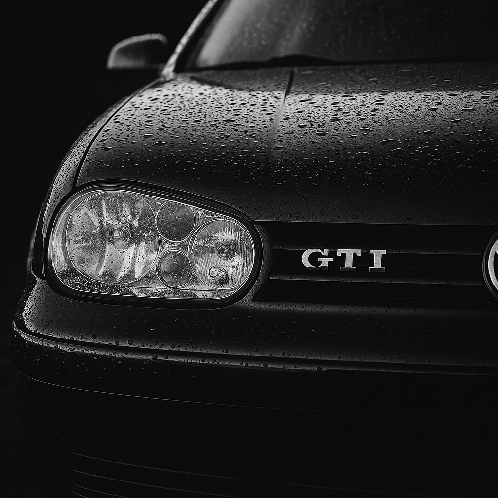 Face avant d’une Golf IV noire, phare et badge GTI sous les gouttes de pluie